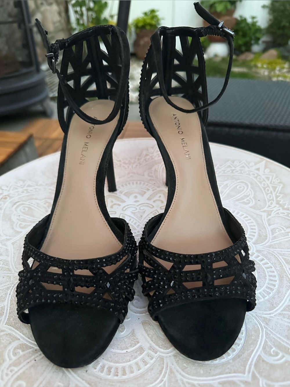 ANTONIO MELANI Black Strappy Crystal-Embellished Ankle-Strap Heels